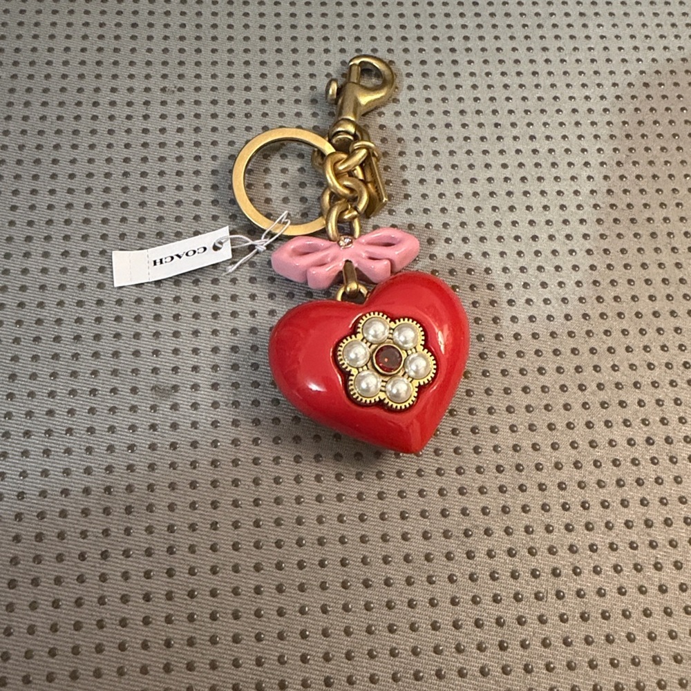 Coach Red Heart & Pink Bow Charm Keychain with Gold Hardware